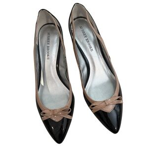 Audrey Brooke Black and Beige Kitten Heel with Bow Accent